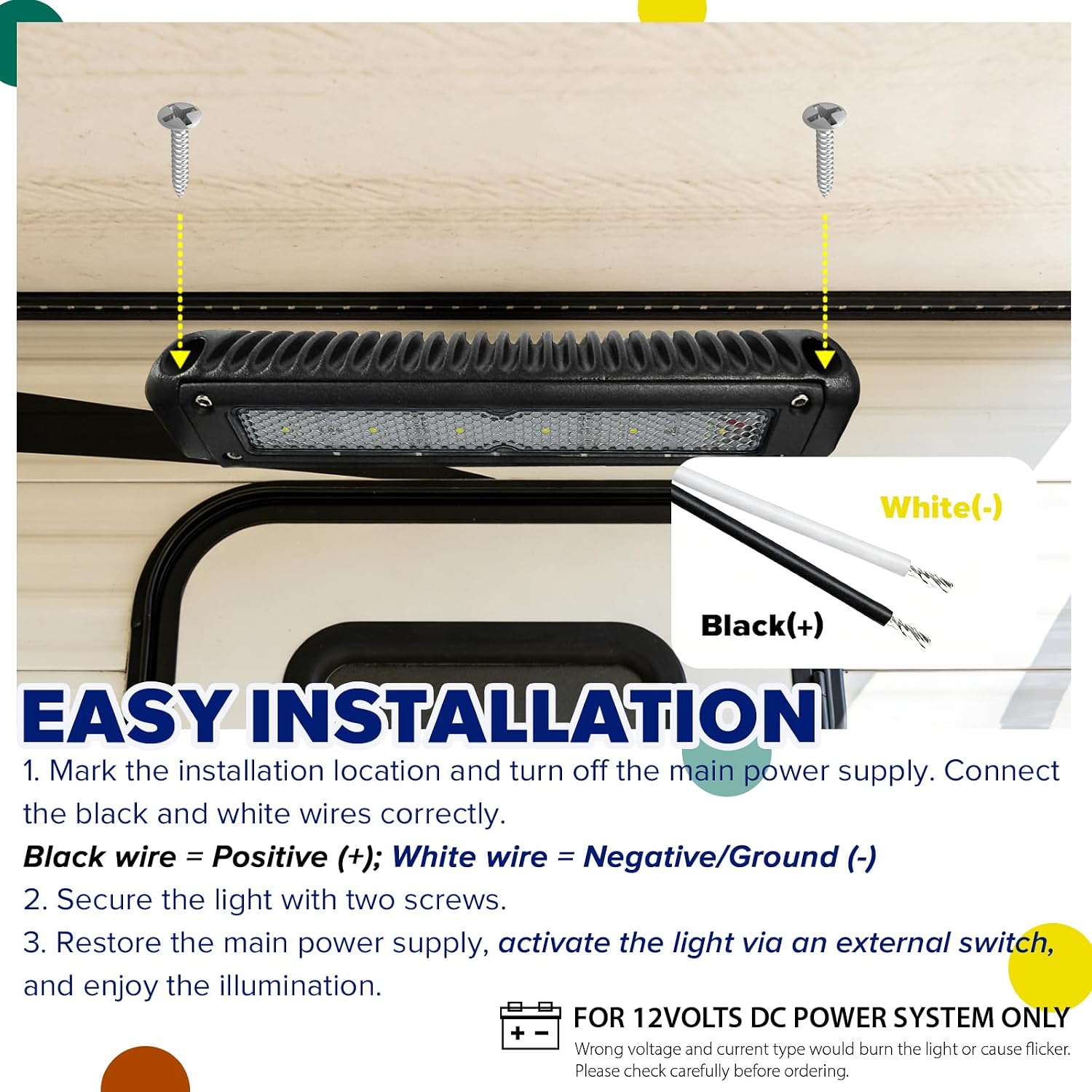 RV Porch Light, 12v Black LED Light Bar for Camper Pop UP Trailer Yacht RV Exterior Light 7.8 Inch Aluminum Housing Wall Mounted 11.5W 6000K 800 Lumens Lighting IP65 Waterproof Step Lights, 1-Pack
