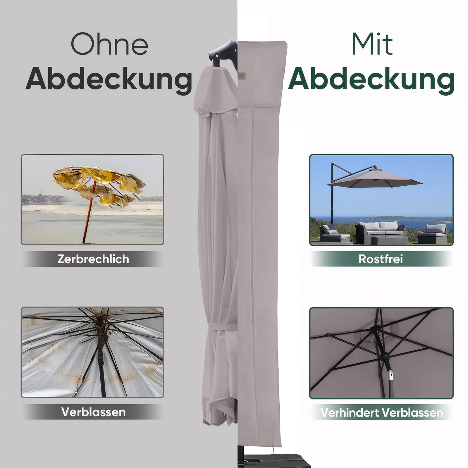 Sekey Sonnenschirm Schutzhülle für Ampelschirm,Abdeckhauben für Sonnenschirm, Reißfest, Grau, 260×65cm