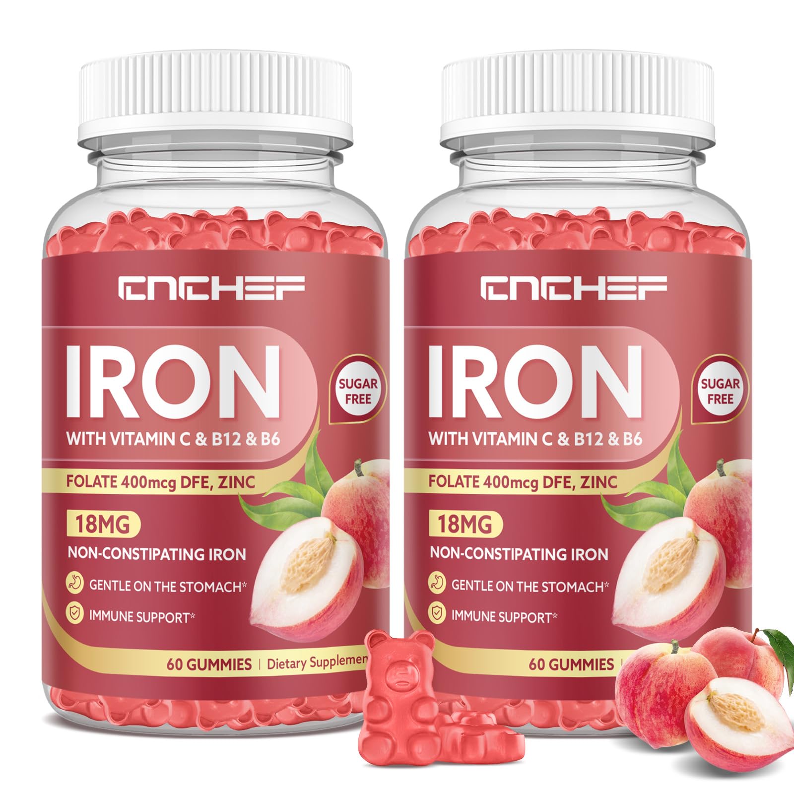 2PCS Iron Supplement for Women & Men Gummies, Multivitamin Blood Builder Iron Supplement with Folate Vitamin C B12 B6 Zinc for Adults & Kids - Energy Support - Peach Flavor, Vegan 120 Gummies Peach 60 Count (Pack of 2)