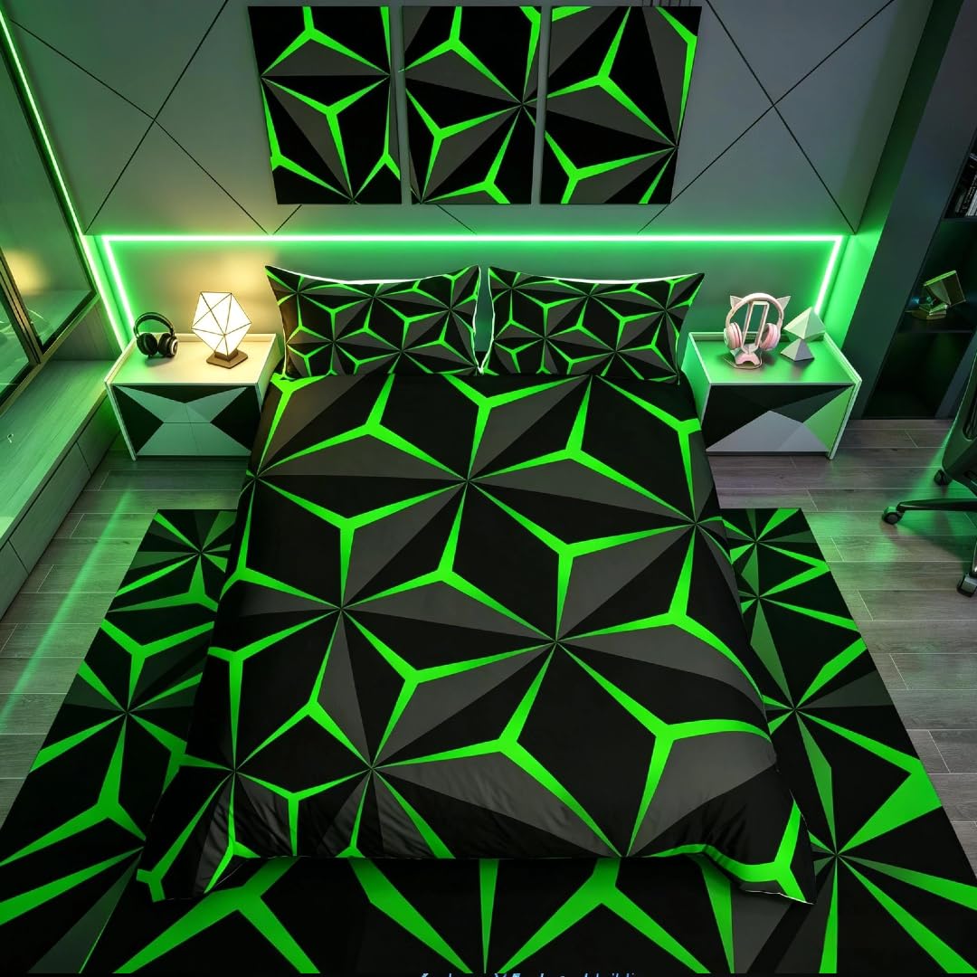 Homemissing Neon Honeycomb Duvet Cover Super King Size,Geometric Stereoscopic Theme Teens Boys Bedding Set,Adults Bedroom Decoration 3D Green Print Comforter Cover Set All Season