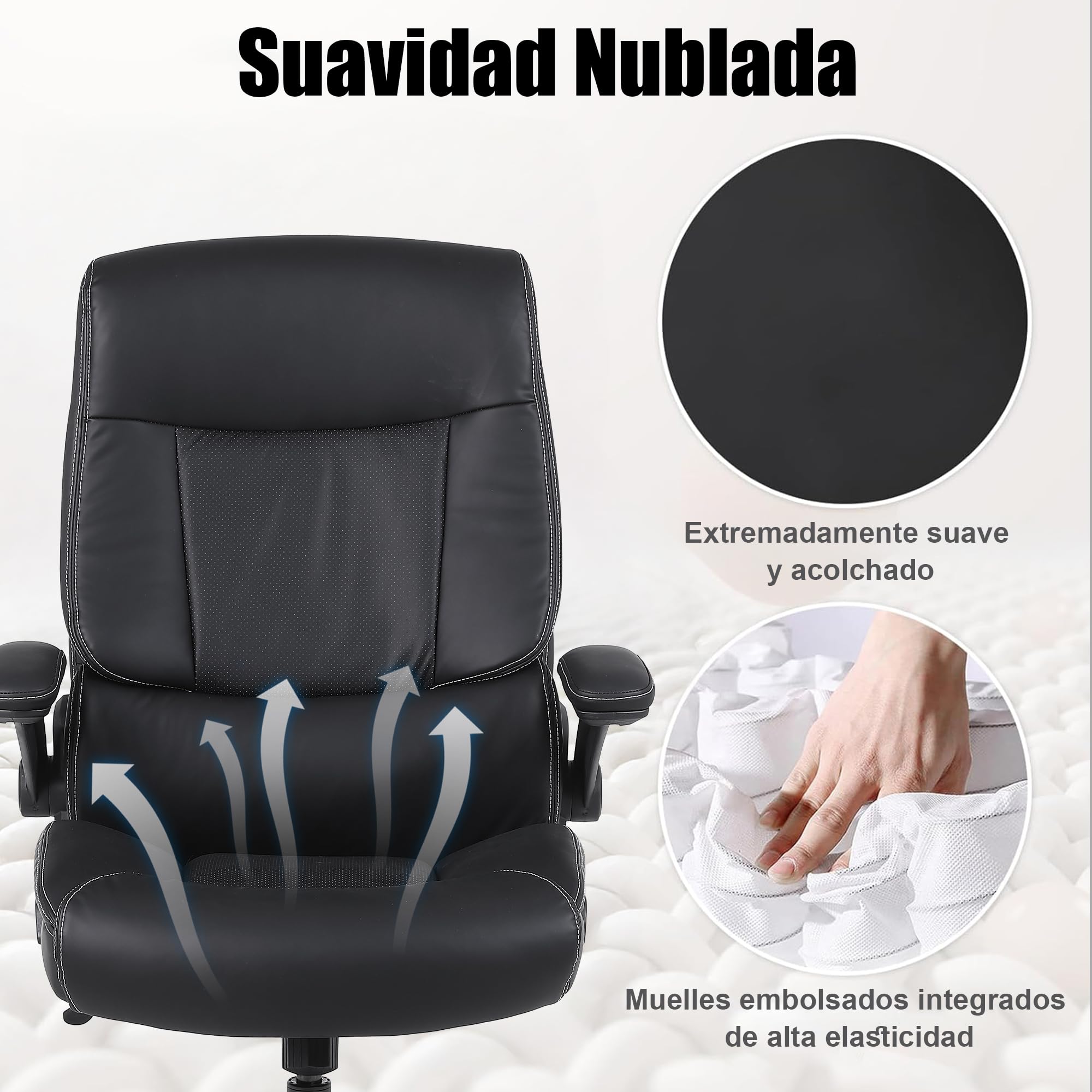 Youhauchair Silla Escritorio, Silla Oficina de 200 kg para Personas Pesadas, Silla Ergonomica Escritorio con Reposabrazos Abatibles, Sillas Escritorio de Cuero PU, Respaldo Alto, Negro