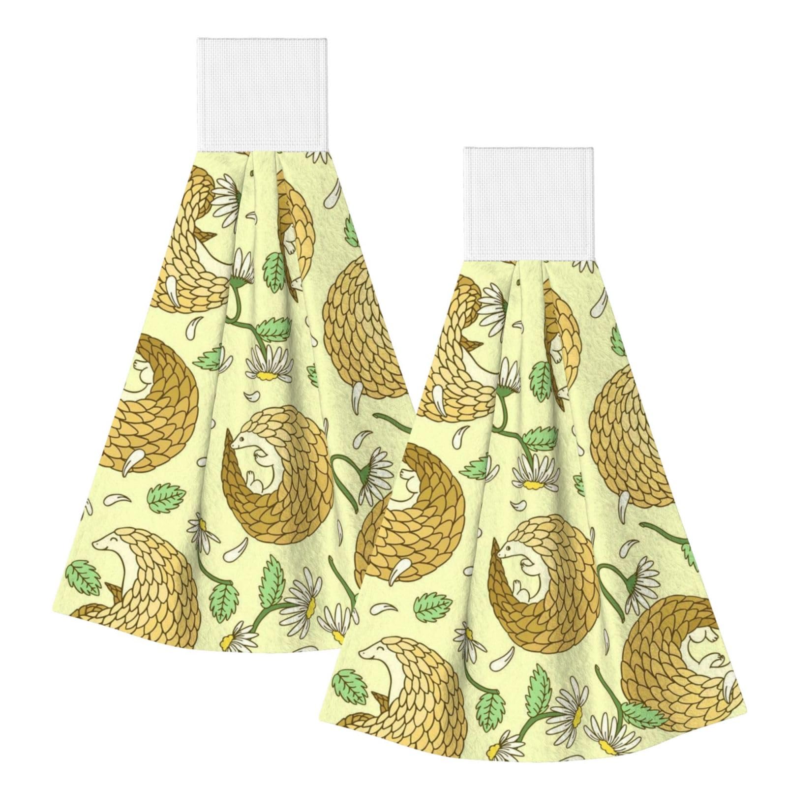 DOPKLNA Pangolins And Daisies, 2 Pcs Hanging Coral Fiber Hand Towels for Bathroom, Absorbent Kitchen Towels