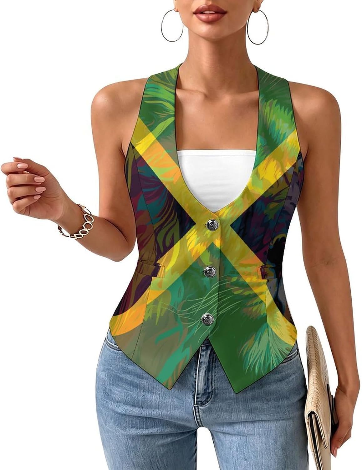 Jamaica Flag Jamaican Lion Women's Tuxedo Waistcoat Suit Vest | 3 Button V-Neck Slim Fit Casual Sleeveless Top