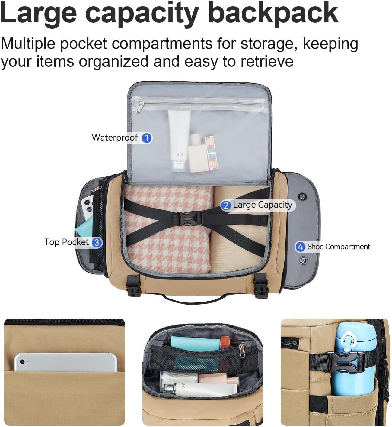 Carry On Travel Backpack with Shoe Compartment Flight Approved Laptop Backpack Expandable Work Business Backpack for Women Men Casual Daypack, Khaki - Image 3