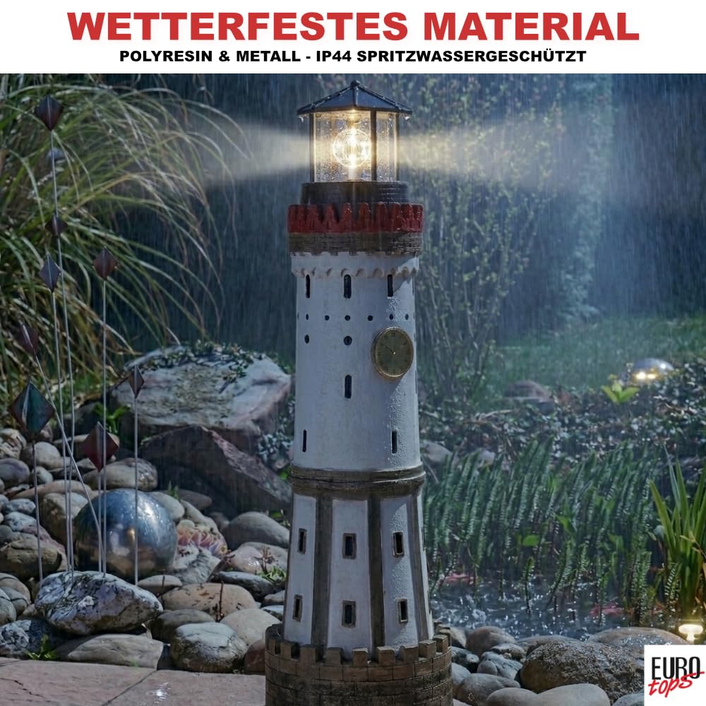 EUROtops Solar Leuchtturm „Lindau“ – handbemalte Deko für Garten & Terrasse, rotierendes LED-Leuchtfeuer, Solarlicht mit Dämmerungssensor, 84 cm