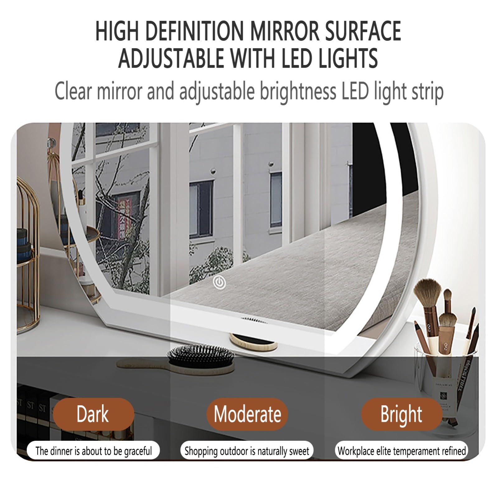 Scrivania da trucco illuminata con specchio LED regolabile con 5 cassetti, tavolo da toeletta per camera da letto, elegante stazione di trucco 80-100 cm, design moderno per gli amanti della bellezza