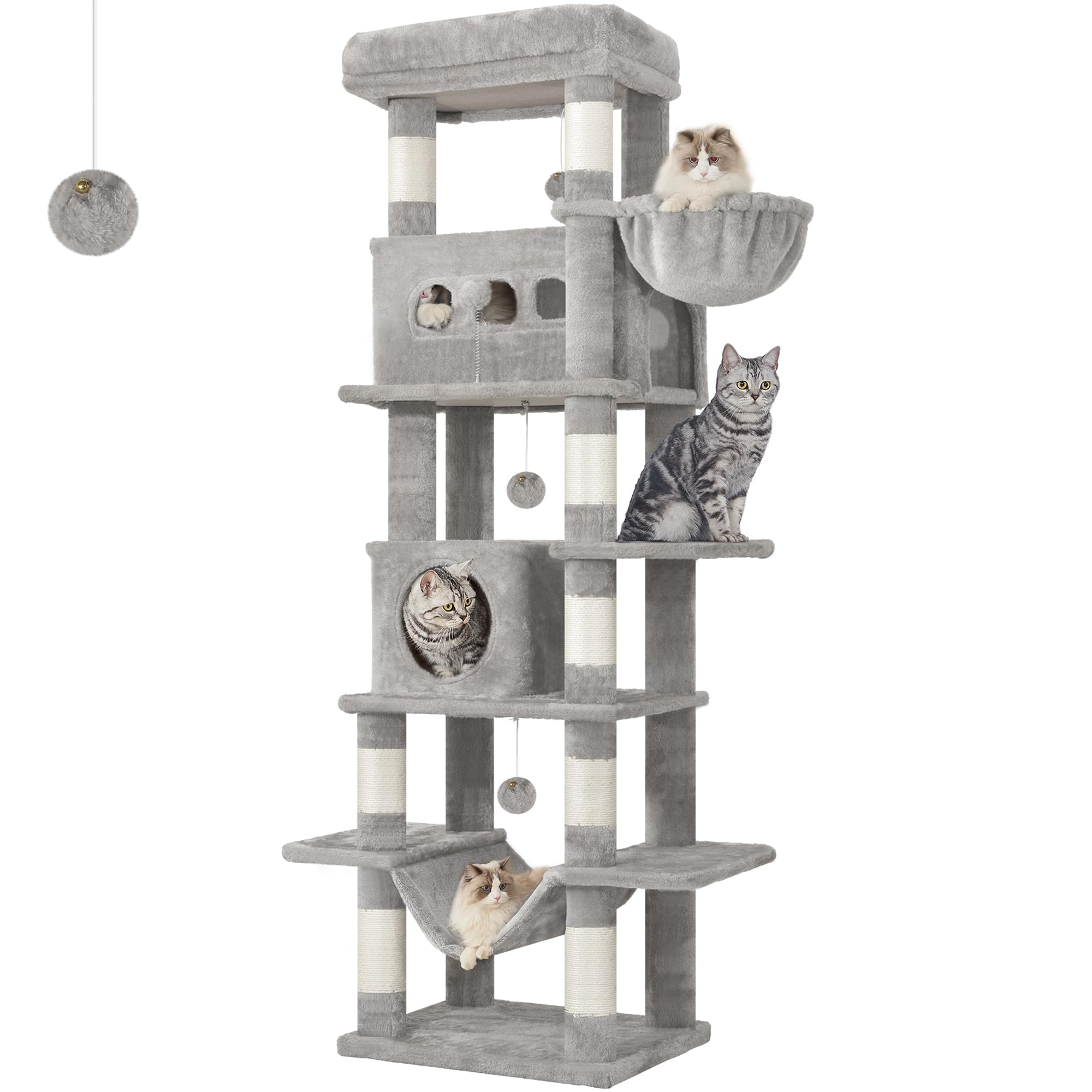 Hzuaneri Cat Tree for Indoor Cats, 170 cm Large Tall Cat Tower, Multi-Level Cats House with Condo, 8 Scratching Posts, Hammock, 4 Pom Poms, Light Grey MS17018LG