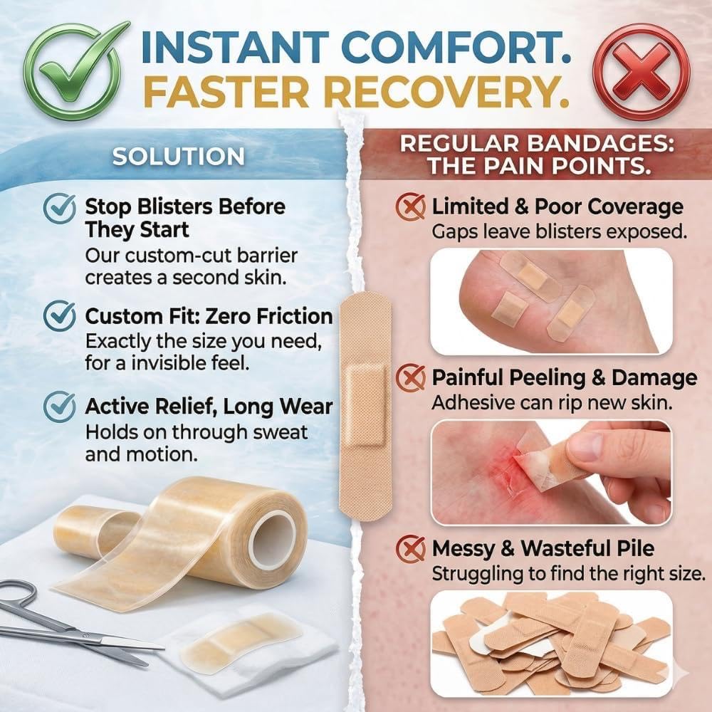 Hydrocolloid Dressing Roll for Blisters, Burns & Acne, Waterproof Cut-to-Size Pimple Patch Roll, Medical Grade Wound Care Bandage for Heel Blister Protection & Skin Healing [ 5cm x 16 Feet ] — Amazon image 7