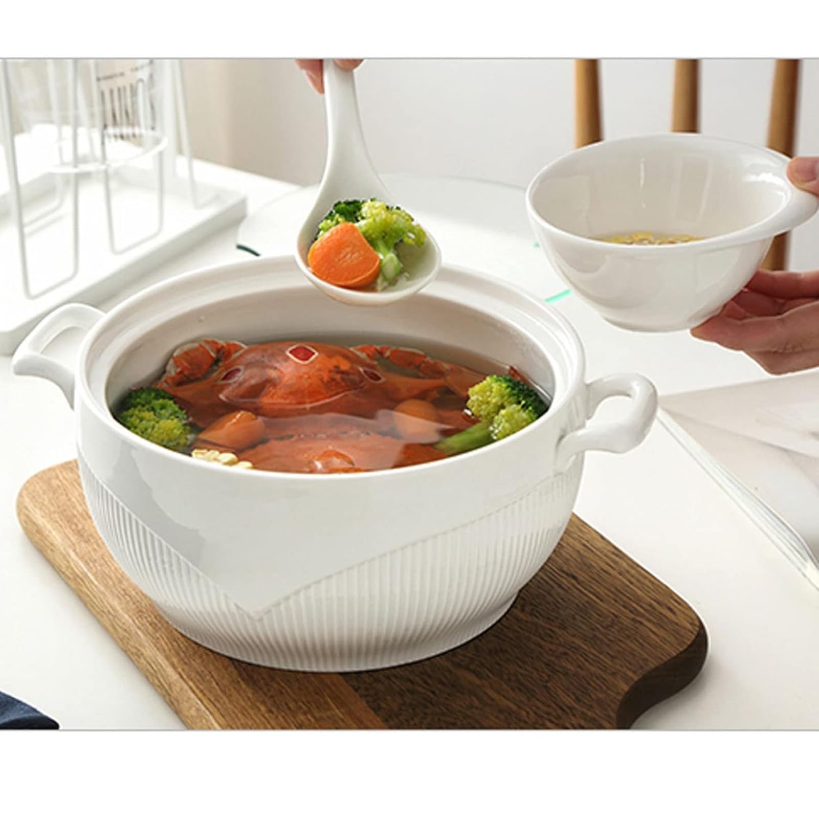 Vnook Marmite à soupe en céramique blanche, grande soupière avec couvercle en verre et louche, bol à soupe avec couvercle en diamant, marmite à soupe décorative for restaurant et maison(1500ml)