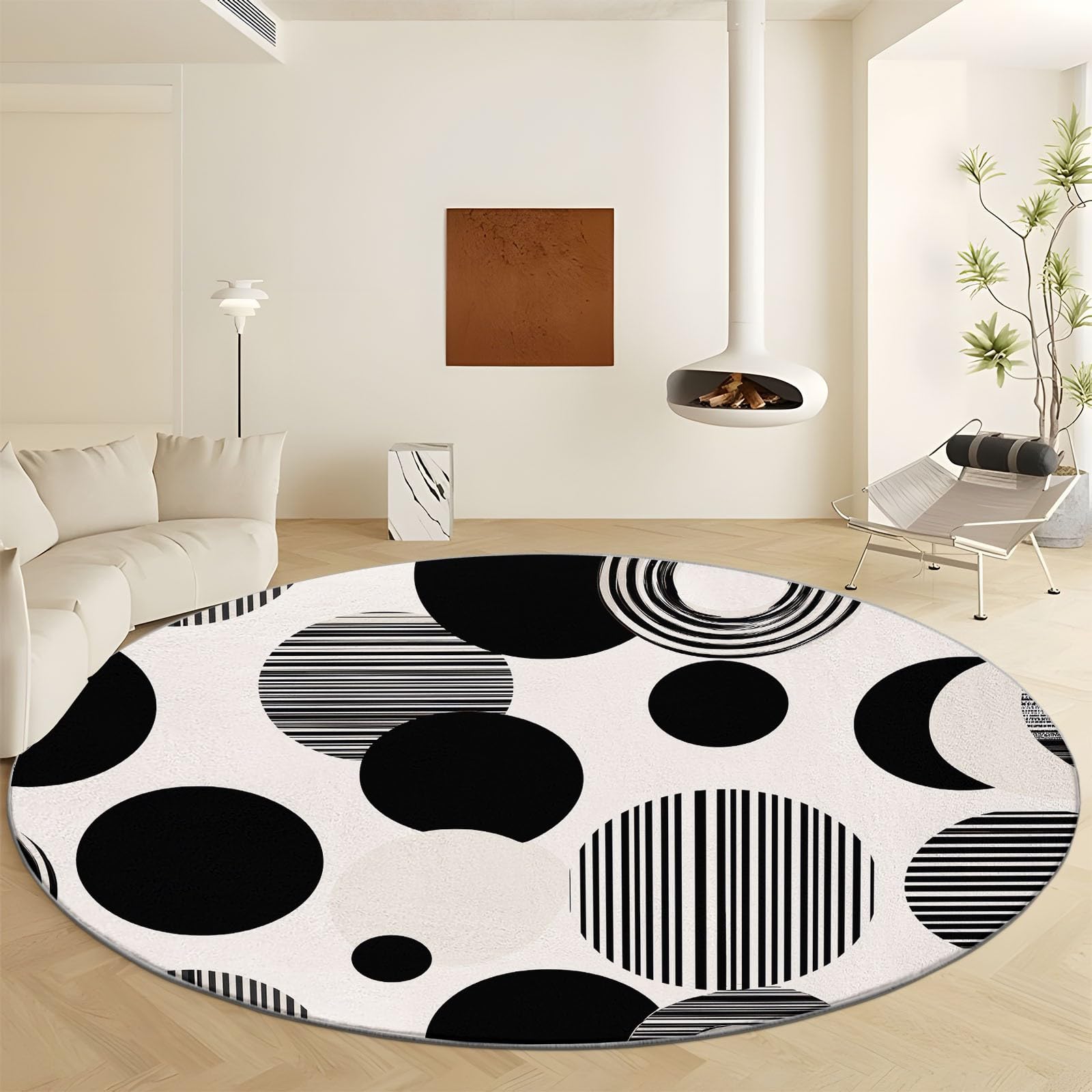 Tapis rond beige textures géométriques abstraites finition haut de gamme