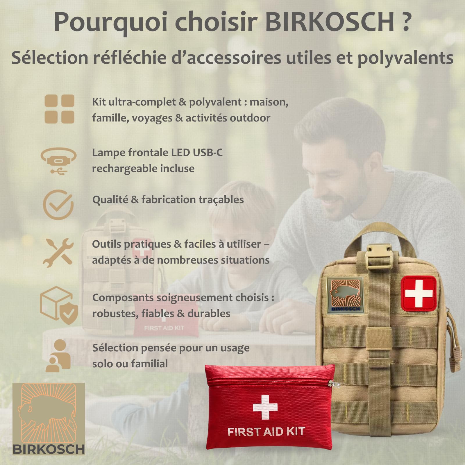 Kit de Survie Complet BIRKOSCH – 16 Outils + 82 Pièces Premiers Secours
