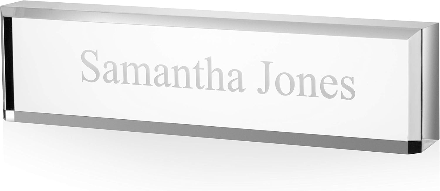 Providence Engraving Personalized Desk Name Plate - Custom Acrylic Glass Name Plate Wedge for Office with Laser Engraved Text in Clear, 2x10