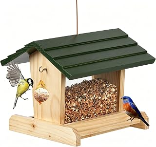 Vogelfutterhaus Holz mit Meisenknödelhalter Wetterfest Ganzjährig | Vogelfutterspender für Wildvögel, Vogelfutterstation zum Aufhängen Vogelhaus für Garten Terrasse Balkon, 20x23x20cm