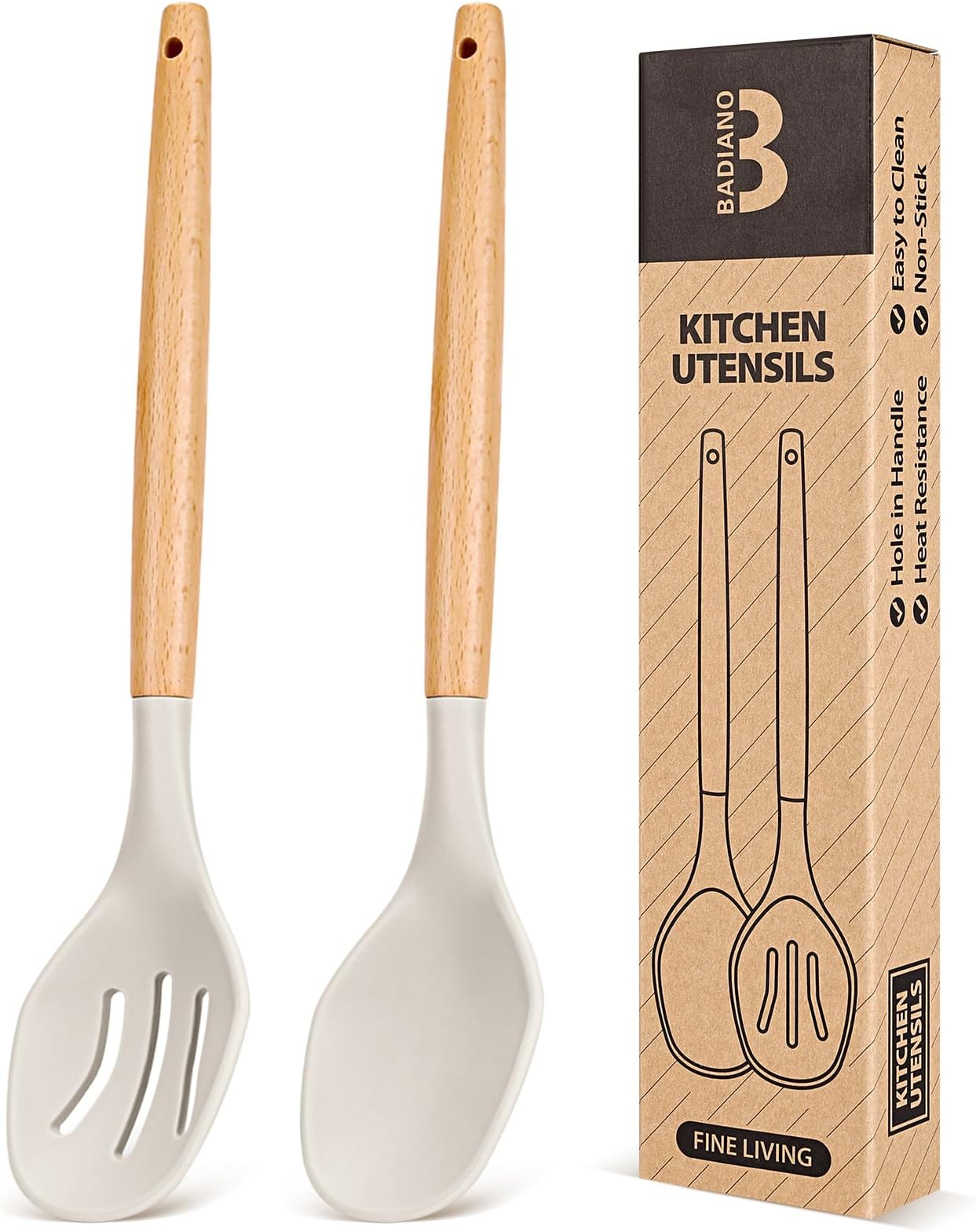 Large Silicone Cooking Spoons, 2 Pack Nonstick Solid and Slotted Wooden handle Spoon Set, Heat Resistan Silicone Kitchen Spoons for Cooking, Serving, Basting, Mixing (Khaki)