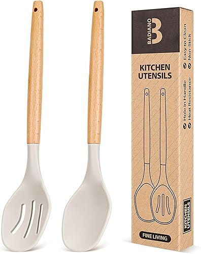 Cucharas de cocina de silicona grandes, paquete de 2 cucharas antiadherentes con mango de madera maciza y ranurada, cucharas de cocina de silicona