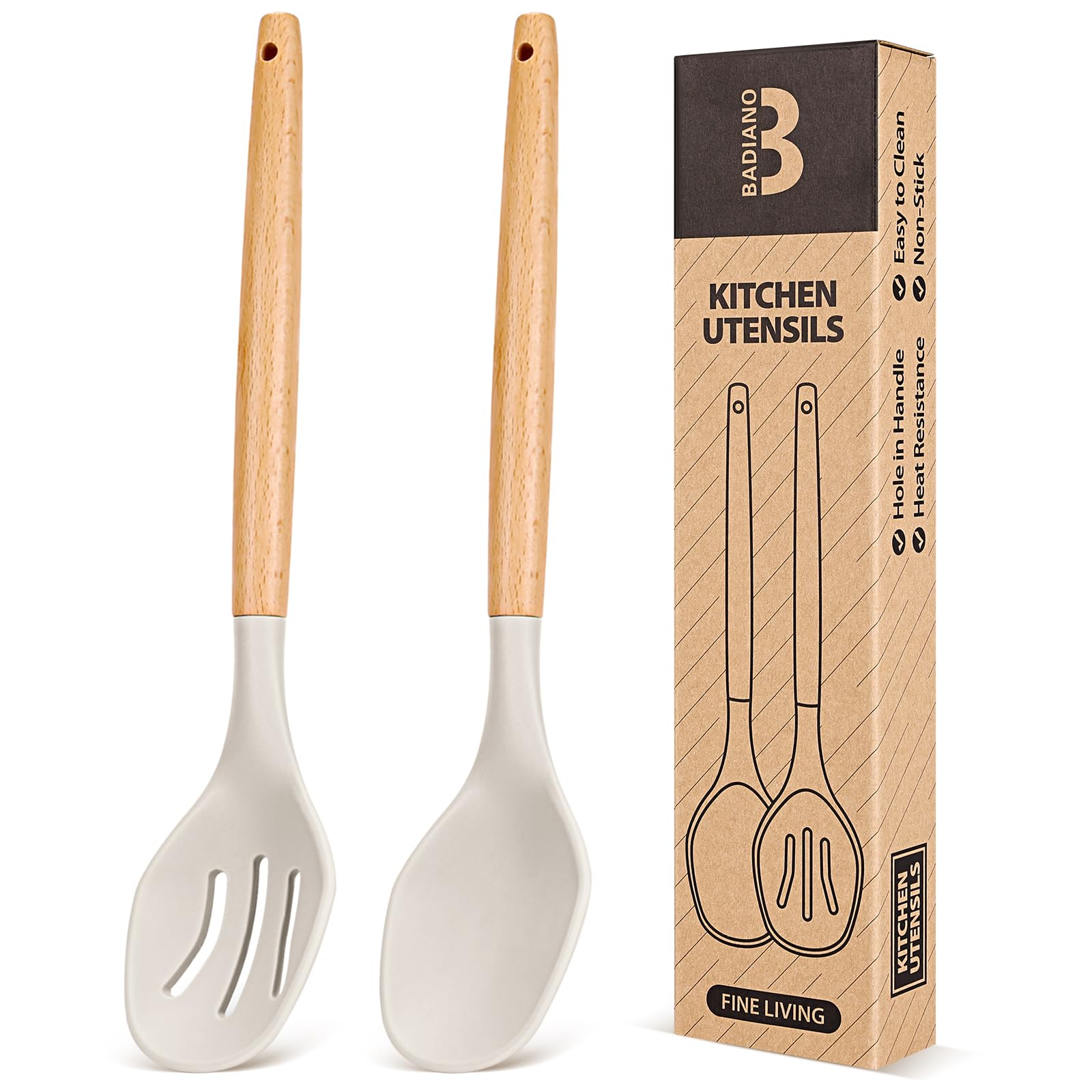 Large Silicone Cooking Spoons, 2 Pack Nonstick Solid and Slotted Wooden handle Spoon Set, Heat Resistan Silicone Kitchen Spoons for Cooking, Serving, Basting, Mixing (Khaki)