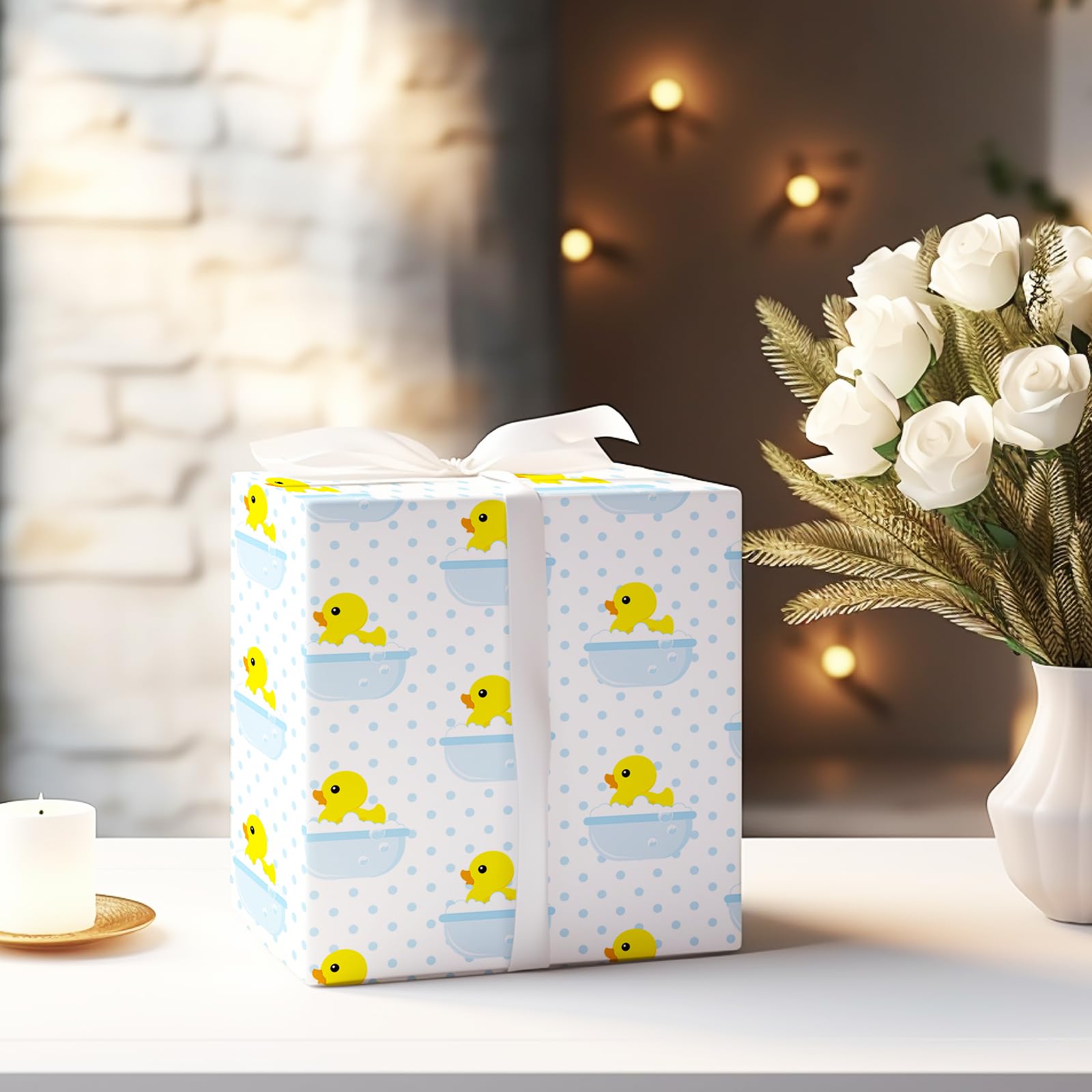 JarThenaAMCS 12 Blatt Gummi-Enten-Geschenkpapier – keine Rolle – Gelb / Blau Sommer Bubble Duck Geschenkpapier Kunstpapier für Weihnachten Geburtstag Babyparty Party Geschenk DIY Verpackungszubehör 50