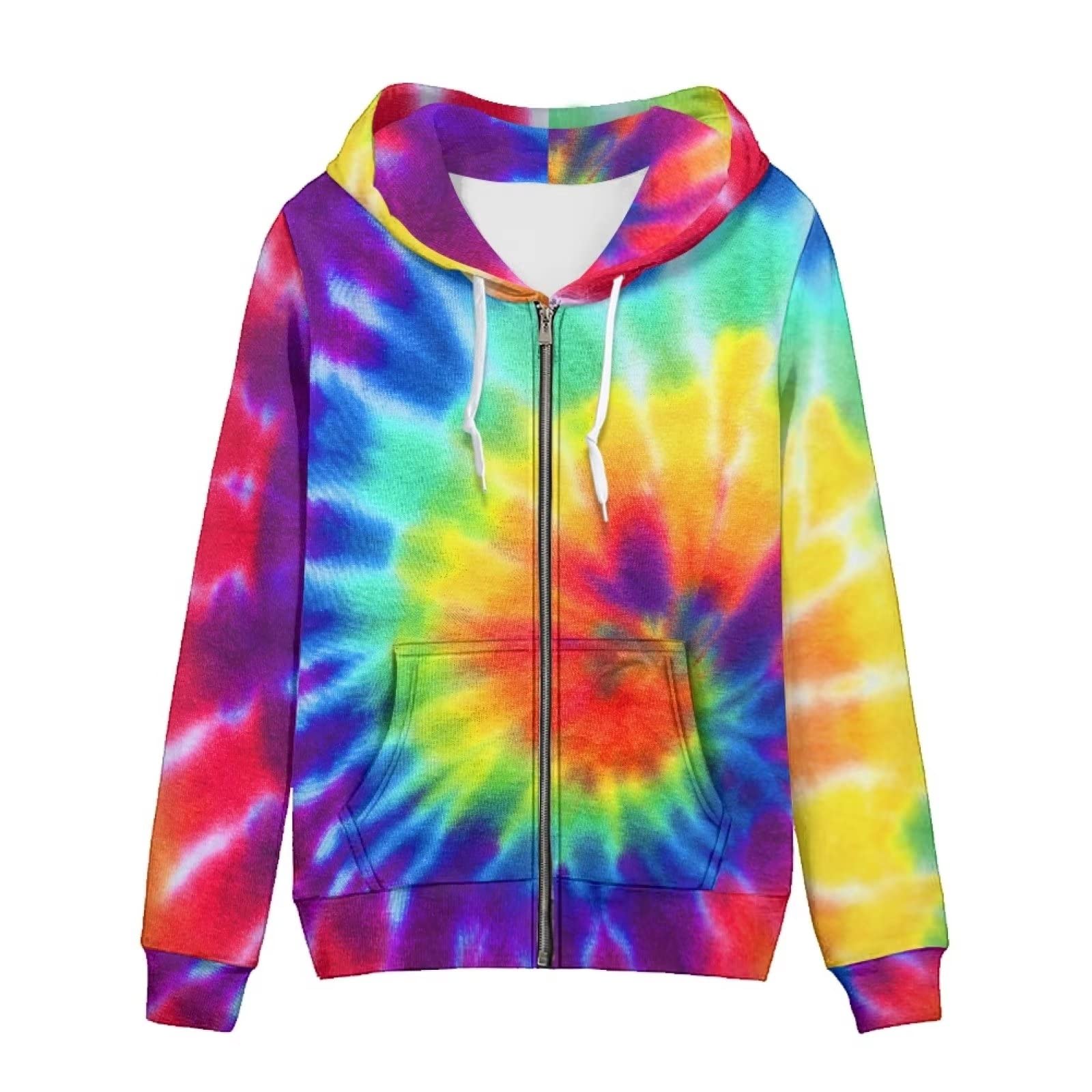 Xoenoiee Damska bluza z kapturem z grafiką 3D na zamek błyskawiczny z kieszeniami, ponadwymiarowa bluza z kapturem ze sznurkiem, Tęczowy kolor barwnik krawat, M
