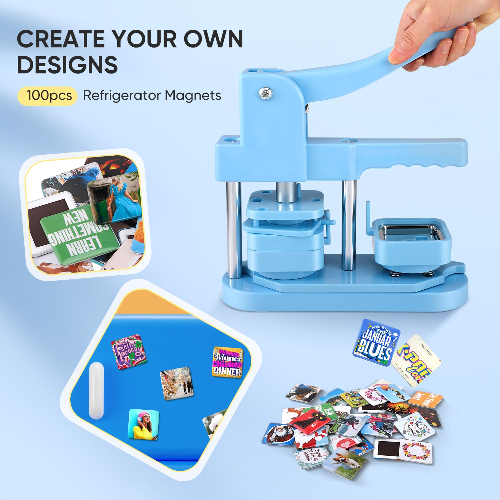 KEYSAFER Kit quadrato magnetico button maker macchina badge maker 50 mm x 50 mm con 100 set di bottoni magnetici quadrati fai da te Square Photo Badge Button Press Machine Pin Badge Maker
