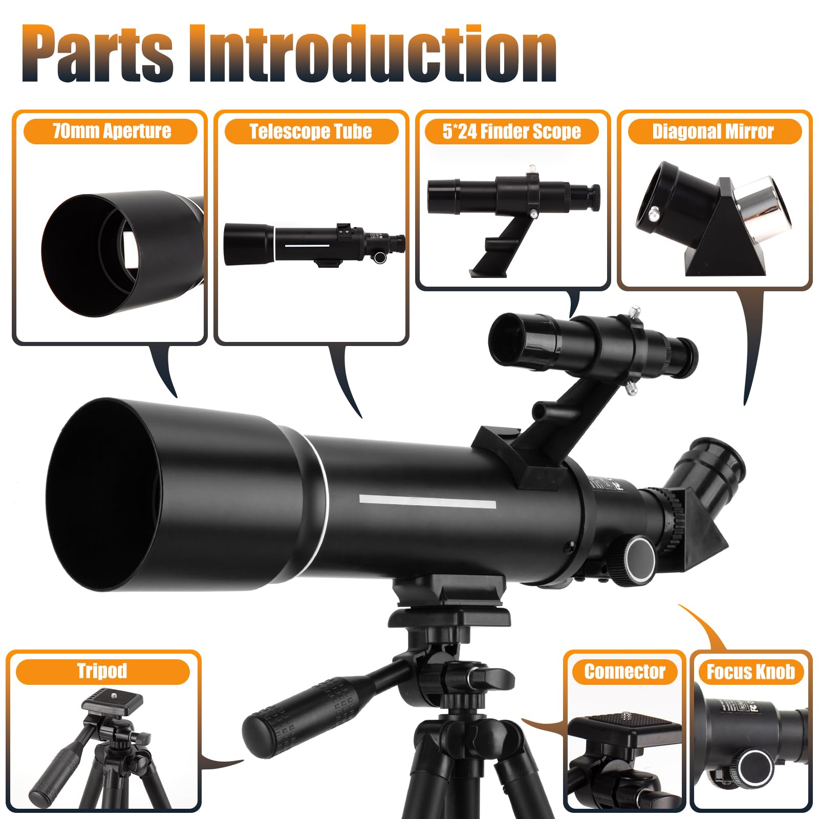 Telescopio Astronomico Professionale per Adulti e Bambini, 70/500mm | Telescopio Rifrattore Portatile per Principianti con Treppiede Regolabile, Filtro Lunare, Adattatore Telefonico e Borsa