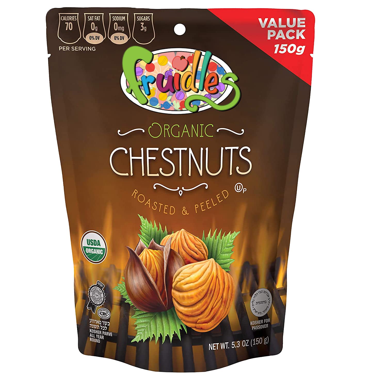 Fruidles Organic Whole Chestnuts, Roasted And Peeled Chestnut, Kosher for Passover - 5.3 Oz Bag (6-Pack)