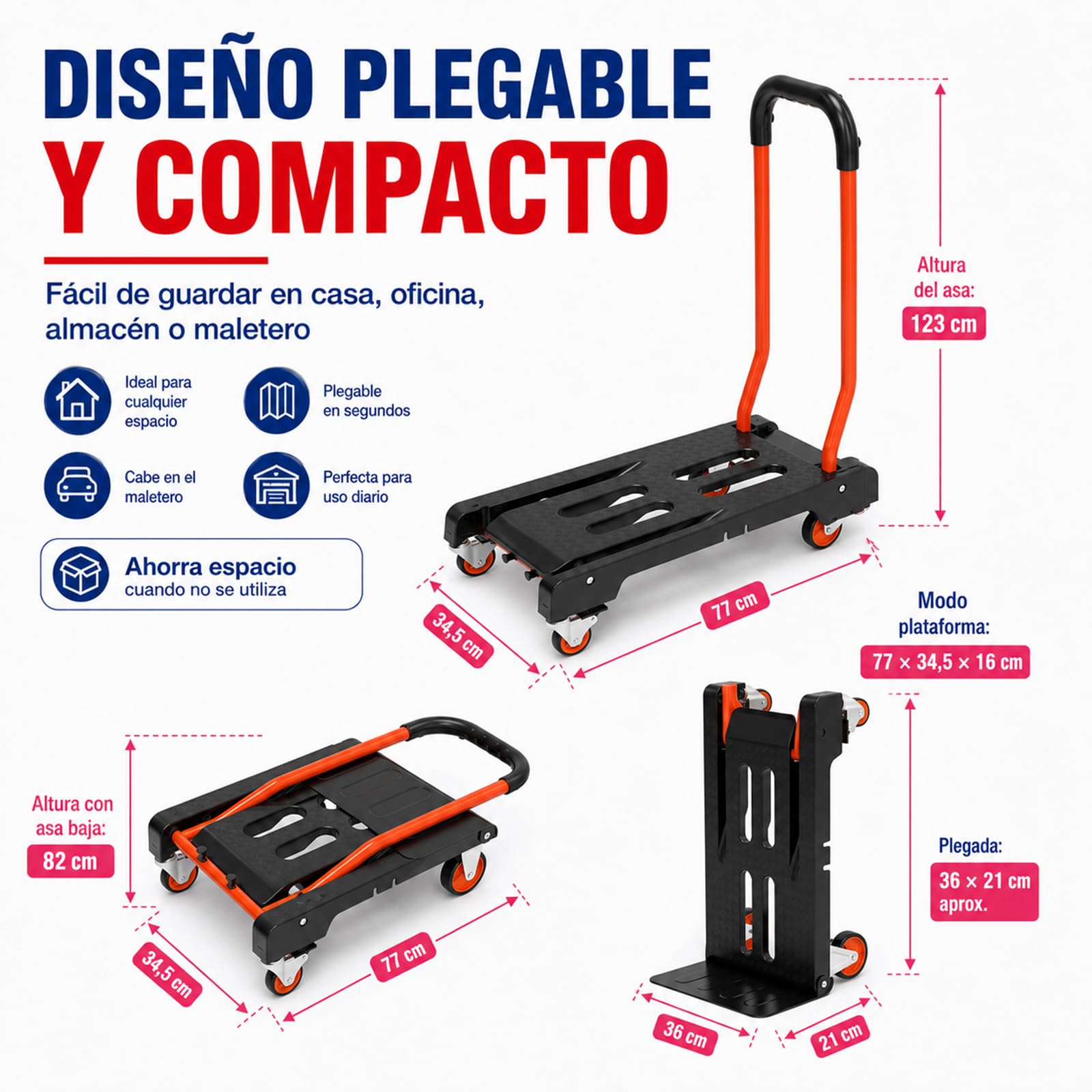 2 en 1 Carretilla de Mano Plegable Carga de 150 kg Carro de Mano de Alta Resistencia con Ruedas Mango Telescópico para Transporte Doméstico, Mercancías de Almacén Supermercado