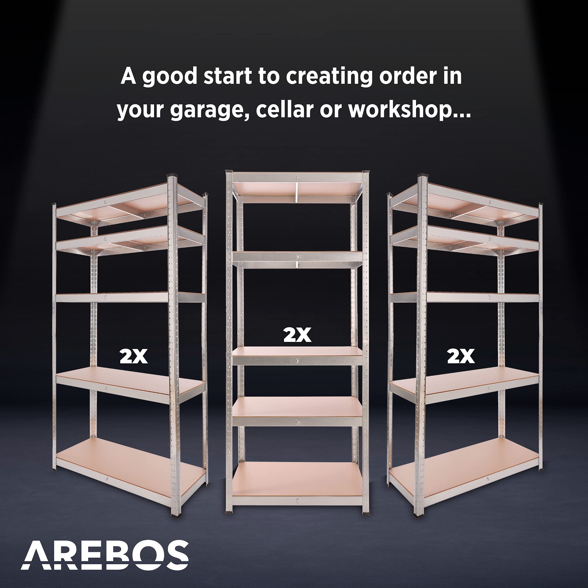 Arebos 2x Regał do dużych obciążeń | Regał piwniczny | Regał magazynowy | Regał bezśrubowy | 180x75x45cm | 5 paneli MDF | Zestaw 2 | 875kg