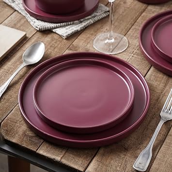 Stone Lain Celina Modern Stoneware 24-Piece Dinnerware Set, Dinner and Salad Plates, Soup Bowls, Dish Set for 8, Purple