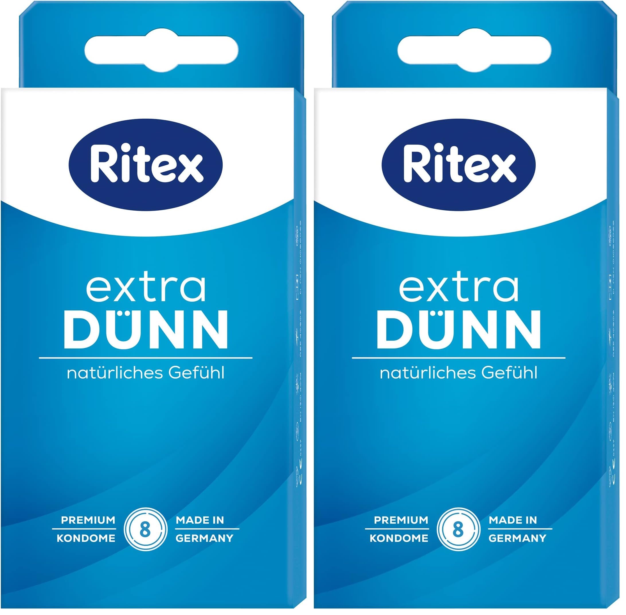 Ritex Kondome extra dünn – Kondome gefühlsecht extra dünn 8 Stück, hauchzart für ein natürliches Gefühl – Vegan, dermatologisch getestet, Made in Germany (Packung mit 2)