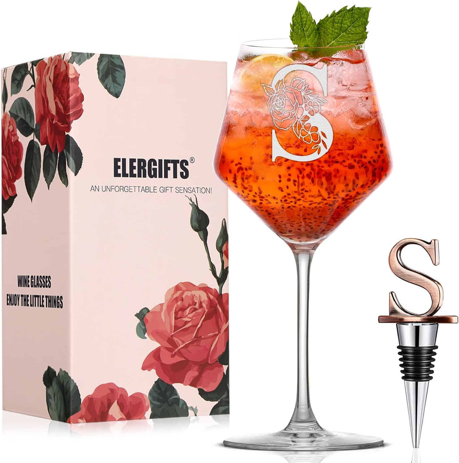 Personalized Gifts for Women, Monogrammed A-Z Wine Glass Customized Gift with Wine Stopper, Unique Christmas Birthday Gifts for Women Mom Friend Sister Wife -Dishwasher Safe (S)