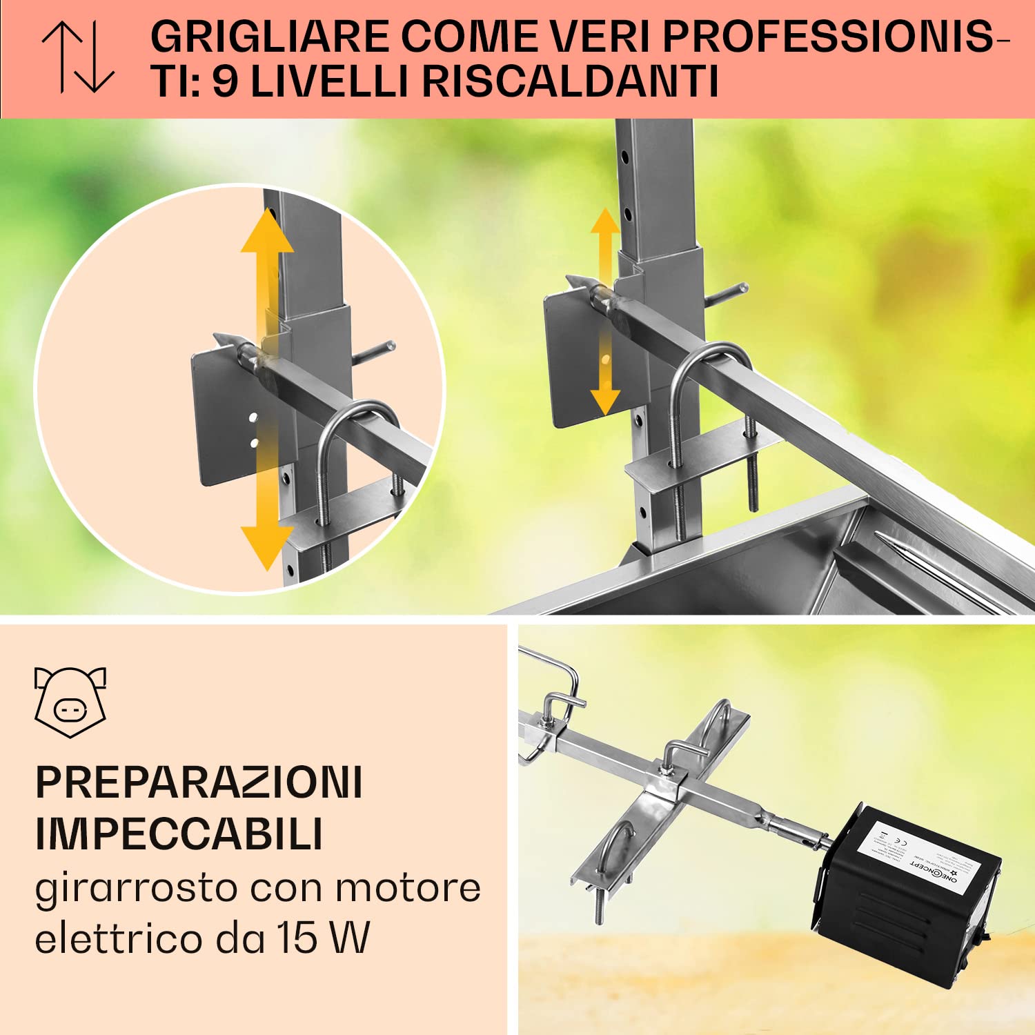 oneConcept 2-in-1 Kit Arrosto e Barbecue Elettrico Portatile, Barbecue Grill con Ruote e Posacenere, Barbecue con Griglia in Acciaio Inossidabile da Giardino, Barbecue da Terrazzo, Campeggio, Balcone