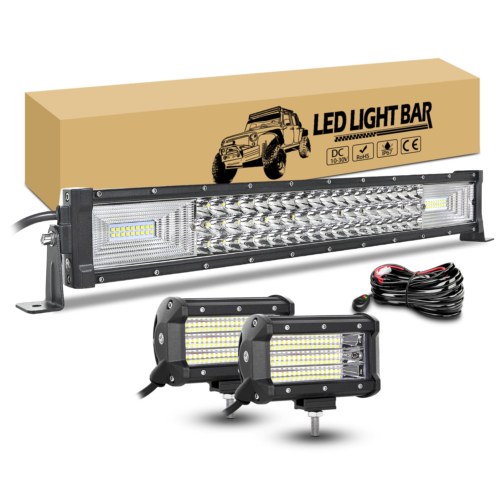 RIGIDON 8D 50 Cm 20 Pouces 420W Led Light Barre Avec 12V Faisceau De Câblage Kit, 2 Pcs 4 Pouces 60W Projecteurs, Barre Lumineuse Led Pour Offroad Véhicules Voiture Camions 4x4 Tracteur