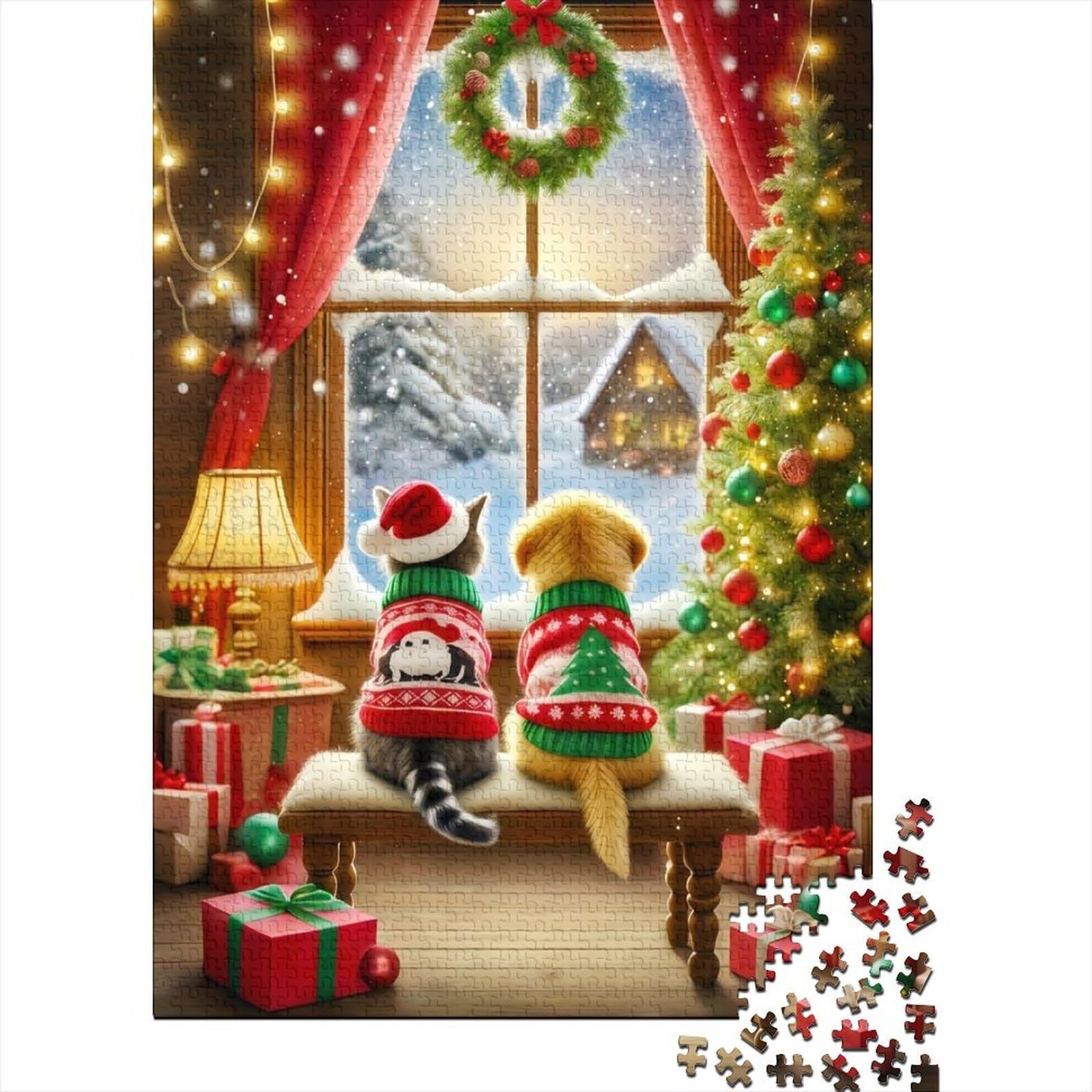 3D Printed Christmas Cat Dog Fitted Sheet Microfiber Soft Festive Window Scene Mattress Cover Decor 90x200x25cm