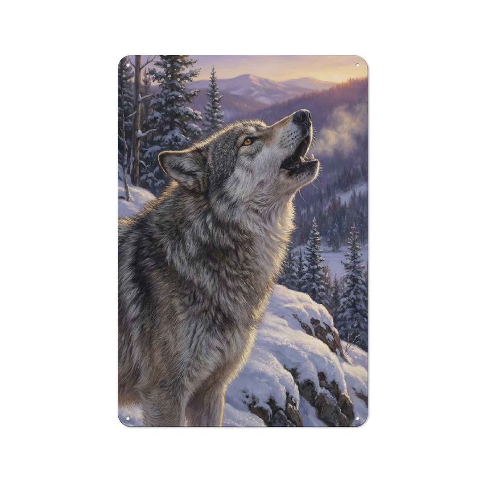 Junmoney Style-6 Old Style Howling Wolf In Winter Landscape Metal Sign 30X20cm, Bar Wall Plaque For Diner, Restaurant, Shed Or Kitchen