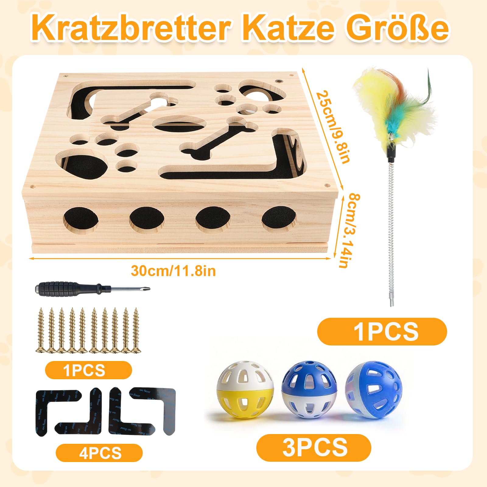 2-in-1 Kratzpuzzle Katzen Set, Katzen Kratzbrett mit Sandpapier, 3 Glockenbällen， Feder und 4 Antirutschmatte, Interaktives Kratzboxen für Katzen Spielen, Entspannen und Krallenwetzen 30x25x8cm