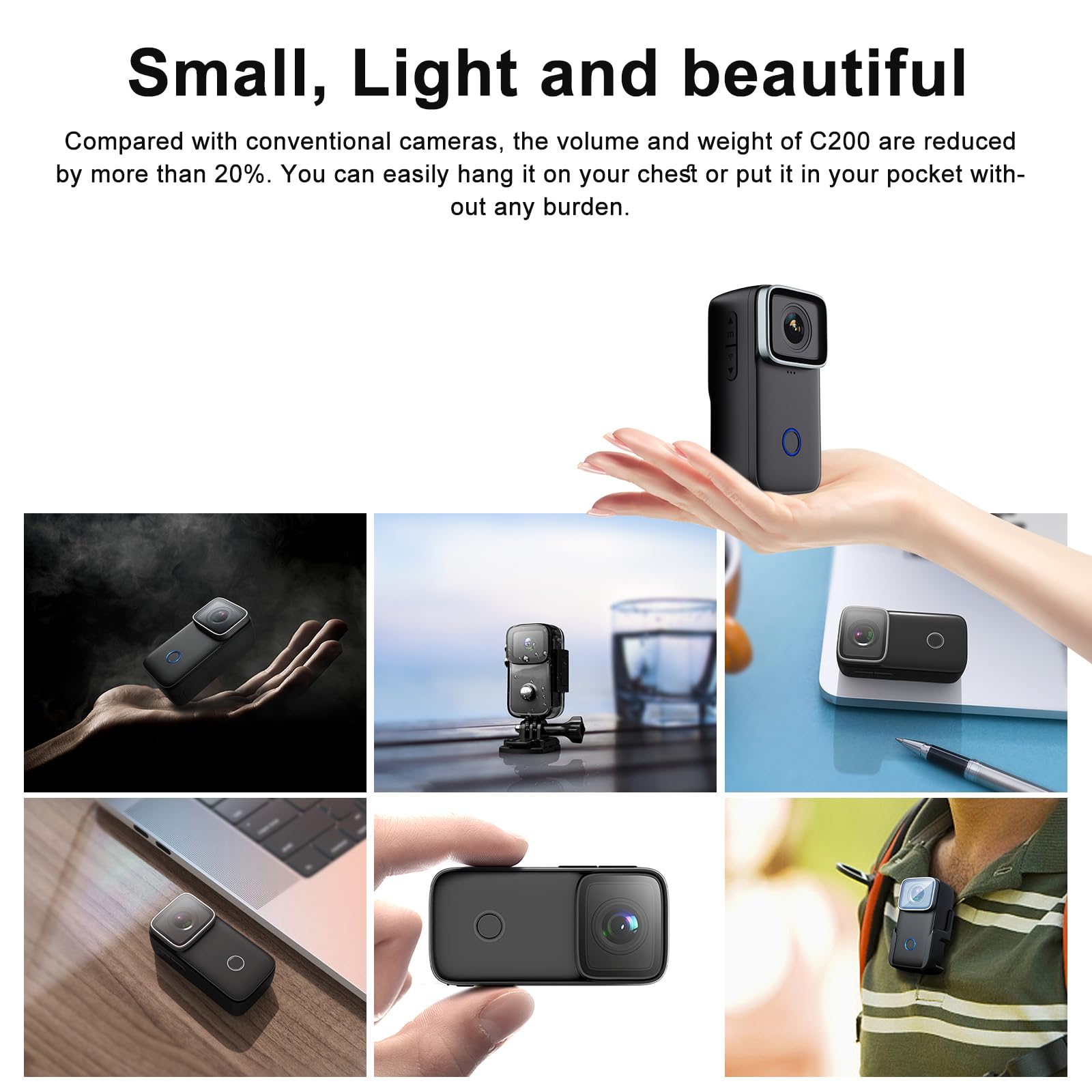 SJCAM C200 Action Cam 4KHD Portable Mini Ultra Light 40M Underwater Camera sportiva 154° Wide Angle Lens con Kit Accessori Adatto per Casco, Bicicletta