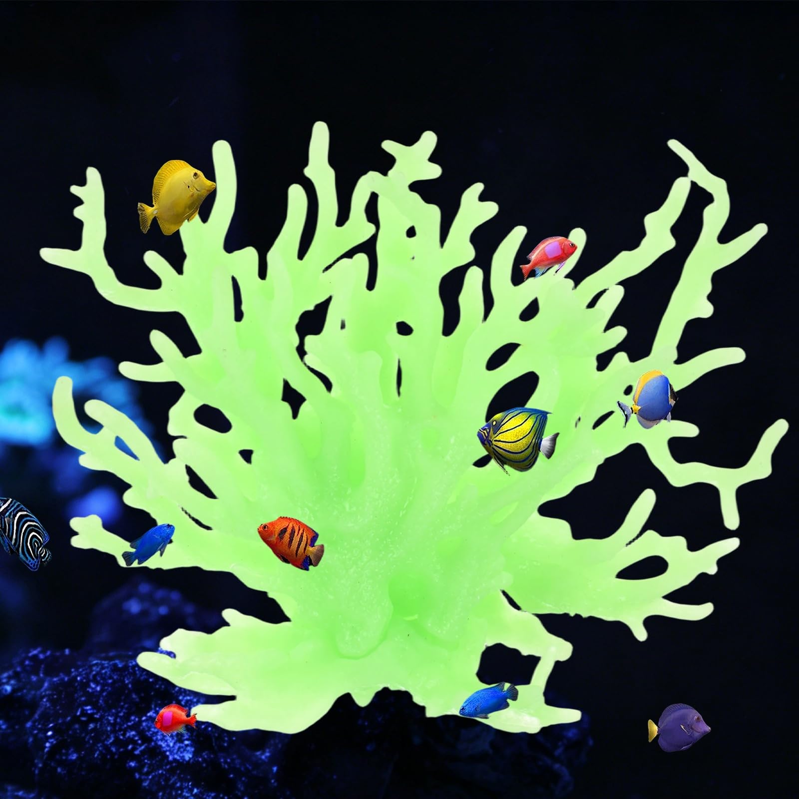 M METERXITY 1 Pack Fake Coral Fish Decorations for Tank, PVC Coral Decor, Artificial Fish Aquarium Decor [Night Glow Green, 5.91'' x 2.17'' x 4.72'',L x W x H]