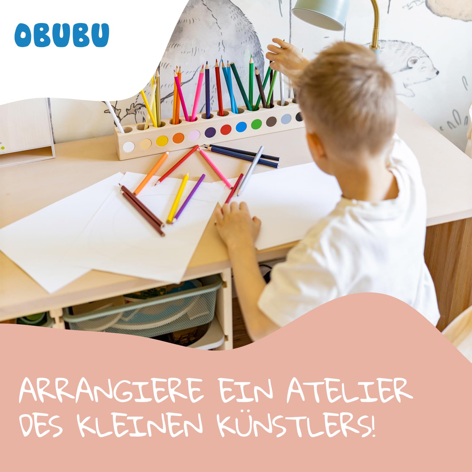 Montessori Schreibtisch Organizer Kinder - Stiftehalter Holz - Stifte Organizer - Stiftebox Holz - Organizer für Bleistifte mit 12 Farbkennung