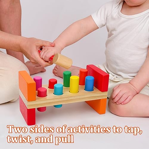 Miniatura 4 de Juguete de martillo de madera para niños pequeños de 1 a 3 años, juguete Montessori con 8 clavijas y mazo para coordinación mano-ojo, juguete para