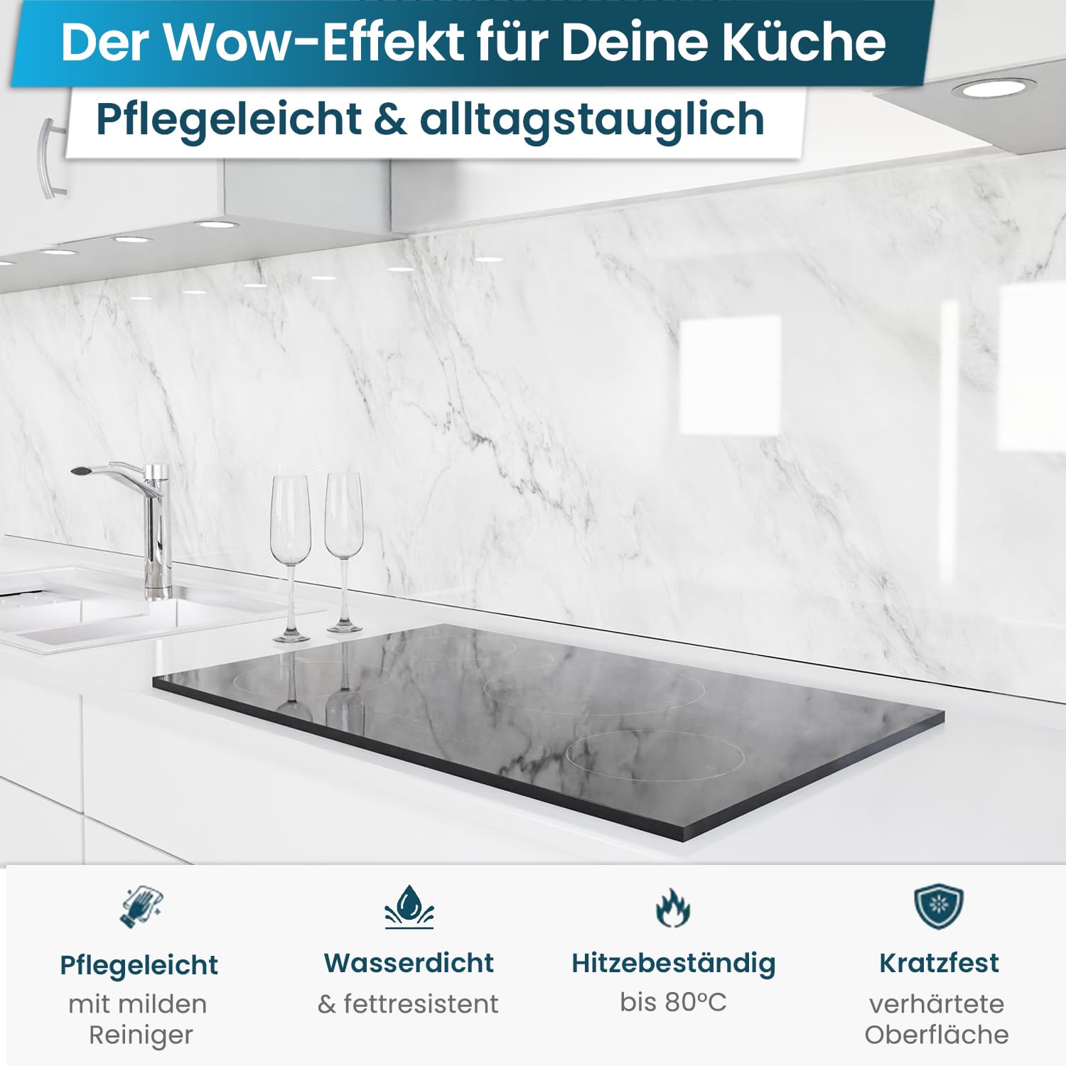 danario Küchenrückwand selbstklebend, Glasoptik 0,8 mm - Spritzschutz Küche