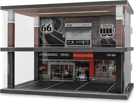 kivcmds 124 Scale Car Model Display Case with Parking Lot Scene for Car Model Toys and Lego, Display Stand for Alloy Car Model Toys with Light and Dust Cover Fast Food Shop Parking Lot