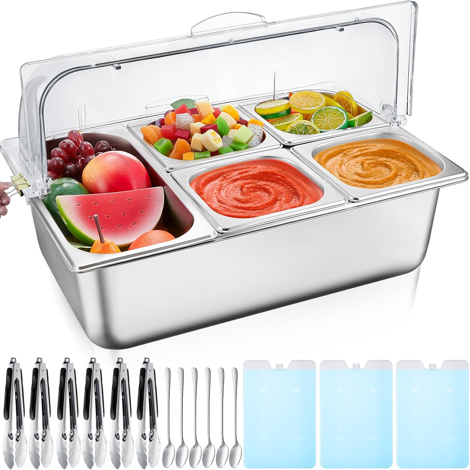 Tessco for you 16 Pcs Ice Food Spice Serving Display Countertop Chilled Condiment Container Set with Lid, Stainless Steel Salad Cold Caddy for Buffet Restaurant Kitchen Party(5 Compartments)