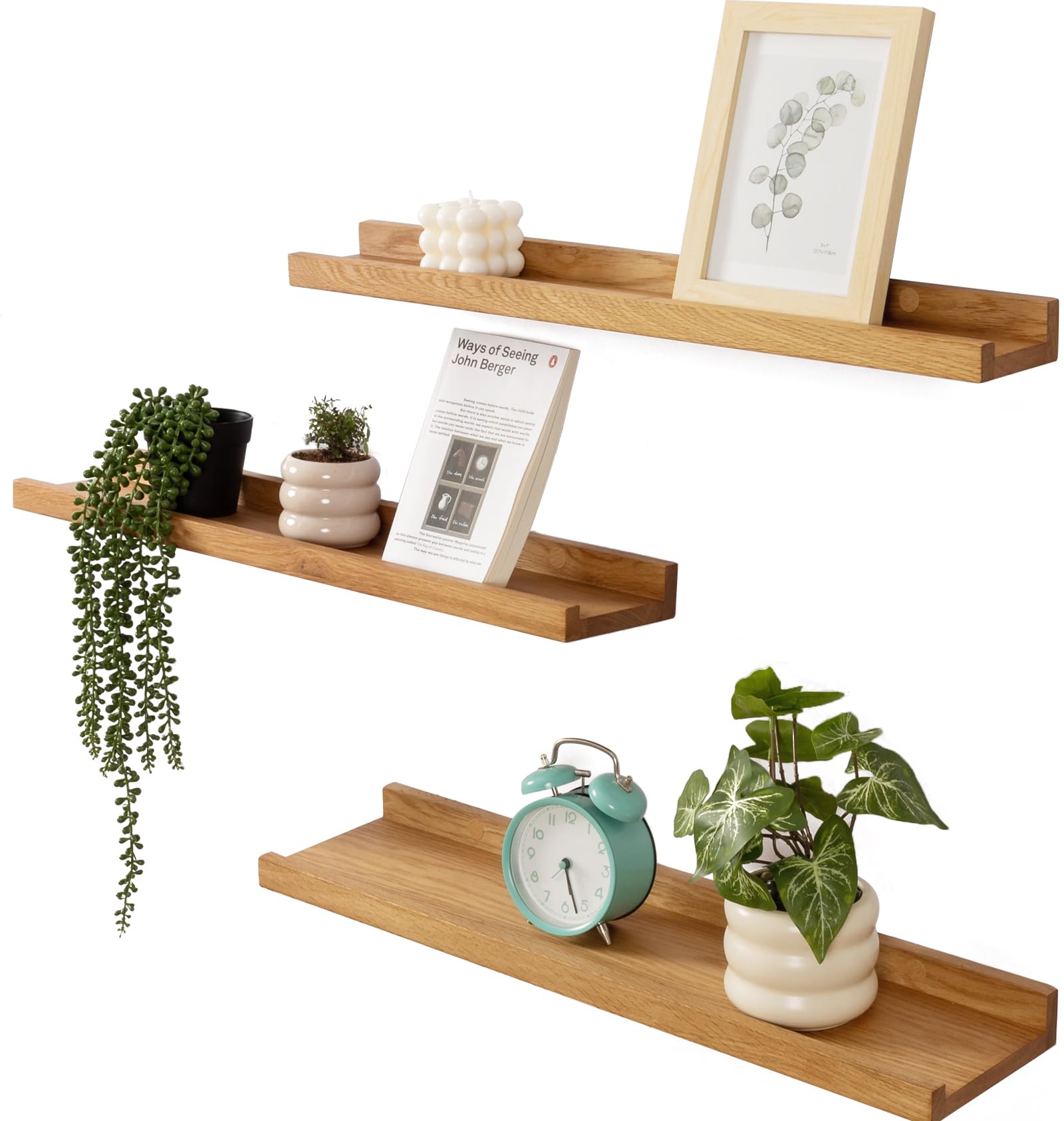 Gieanoo Floating Shelves, 60cm Solid Oak Wood Set of 3Rustic Wall Shelves Wall mounted Picture Ledge with lip Display Shelf For Living Room, Kitchen, Bedroom 60x10/12/15cm — image 1