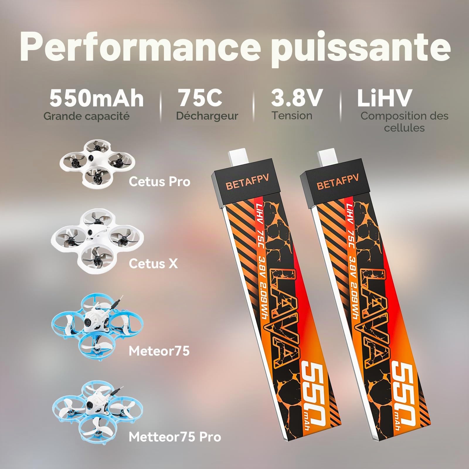 BETAFPV 4pcs Lava 550mAh 1S 3.8V LiHV 75C FPV LiPo Battery with BT2.0 Port for 1-2S FPV Tiny Whoop Drone Quadcopter Such as Meteor75, Meteor75 Pro, Cetus Pro 1S Brushless Drones, Cetus X 2S Quad