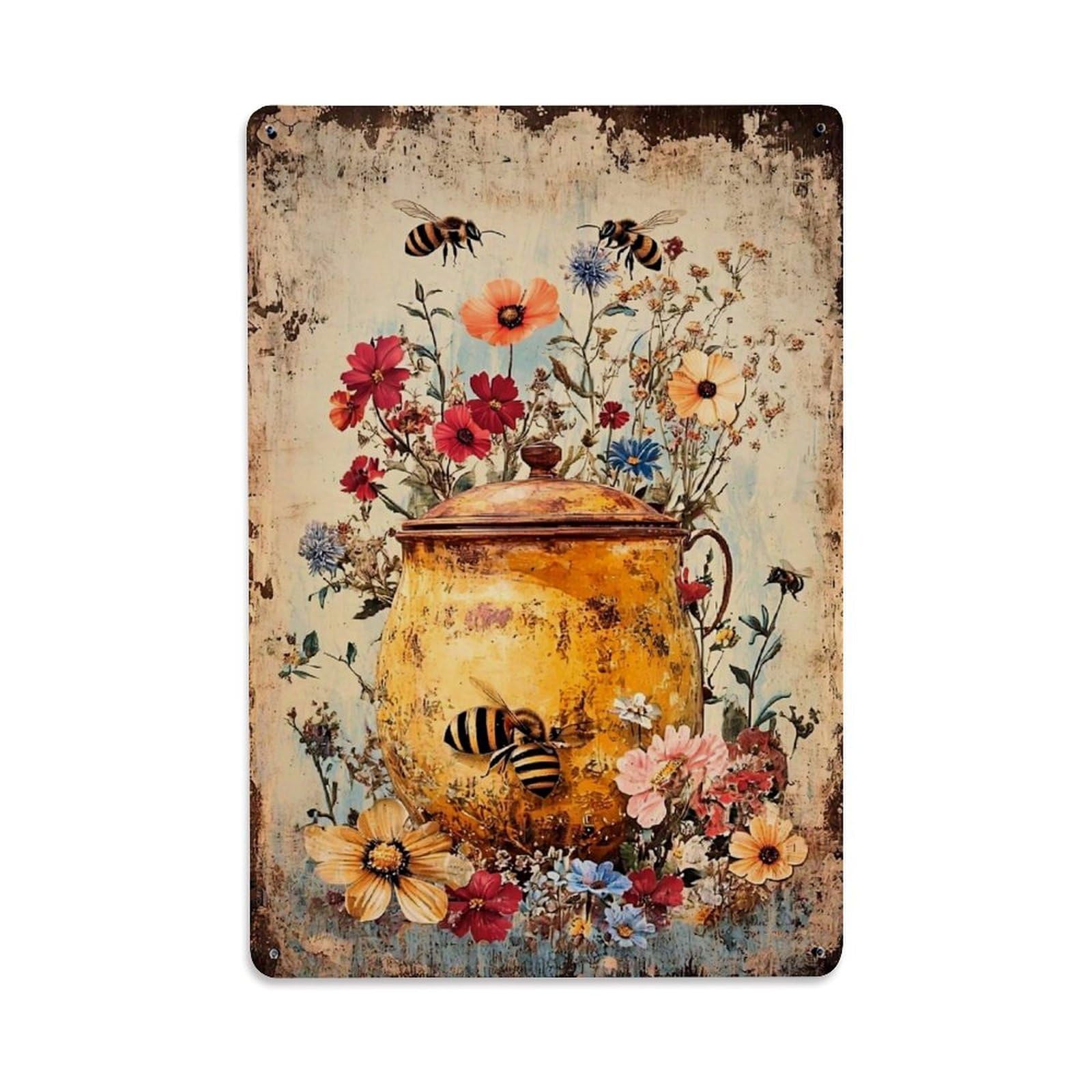 Bee Flower Jar Rustic Art Tin Sign Metal Poster Vintage Metal Signs for Home Man Cave Bar Cafe Kitchen laundry room Wall Decorations Gift 8x12Inch