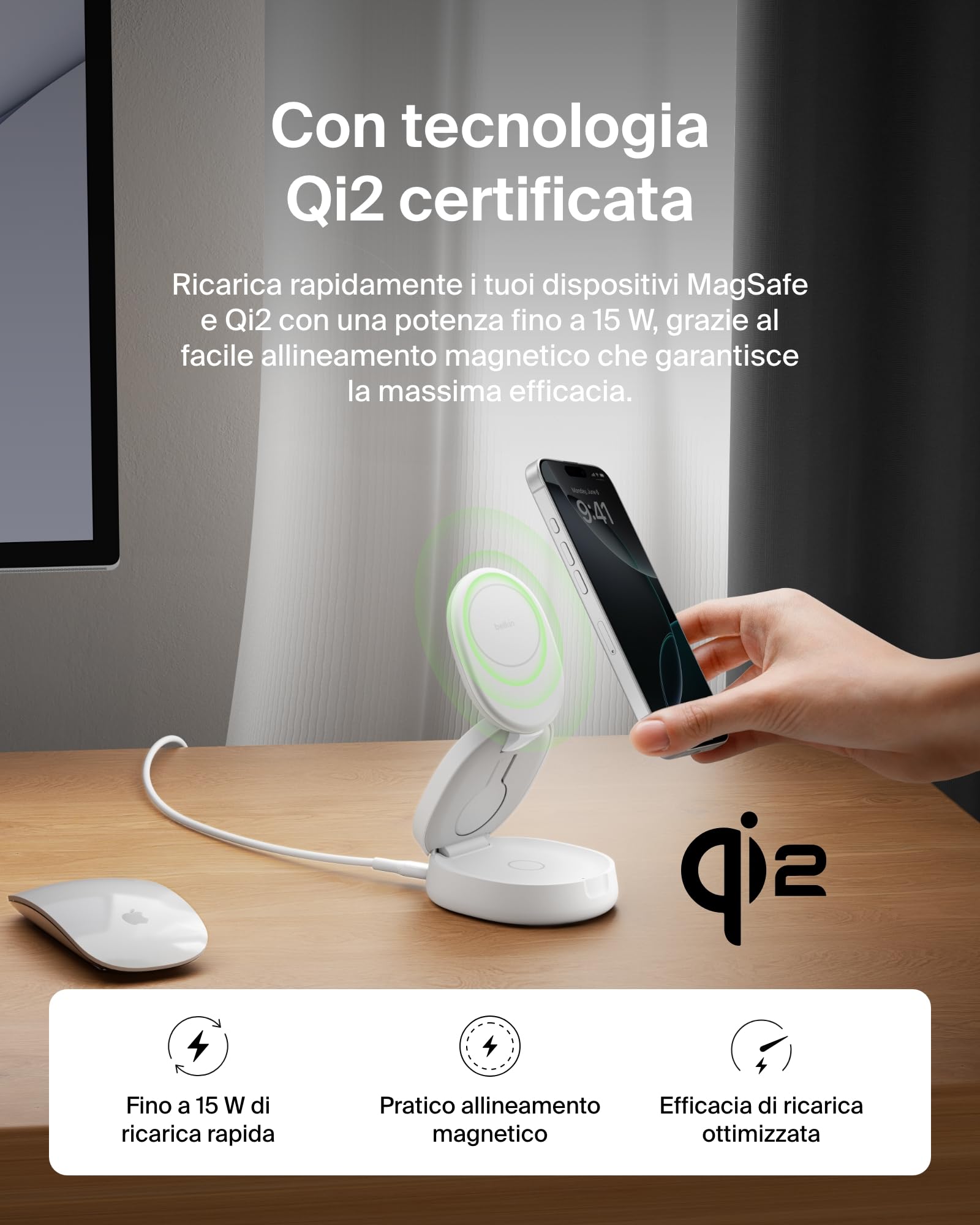 Belkin BoostCharge Caricatore Wireless Compatibile con MagSafe, Stazione di Ricarica wireless 3 in 1, Qi2 15 W per iPhone 17, Air, Apple Watch, AirPods, Pixelsnap, alimentatore da 36W - Bianco