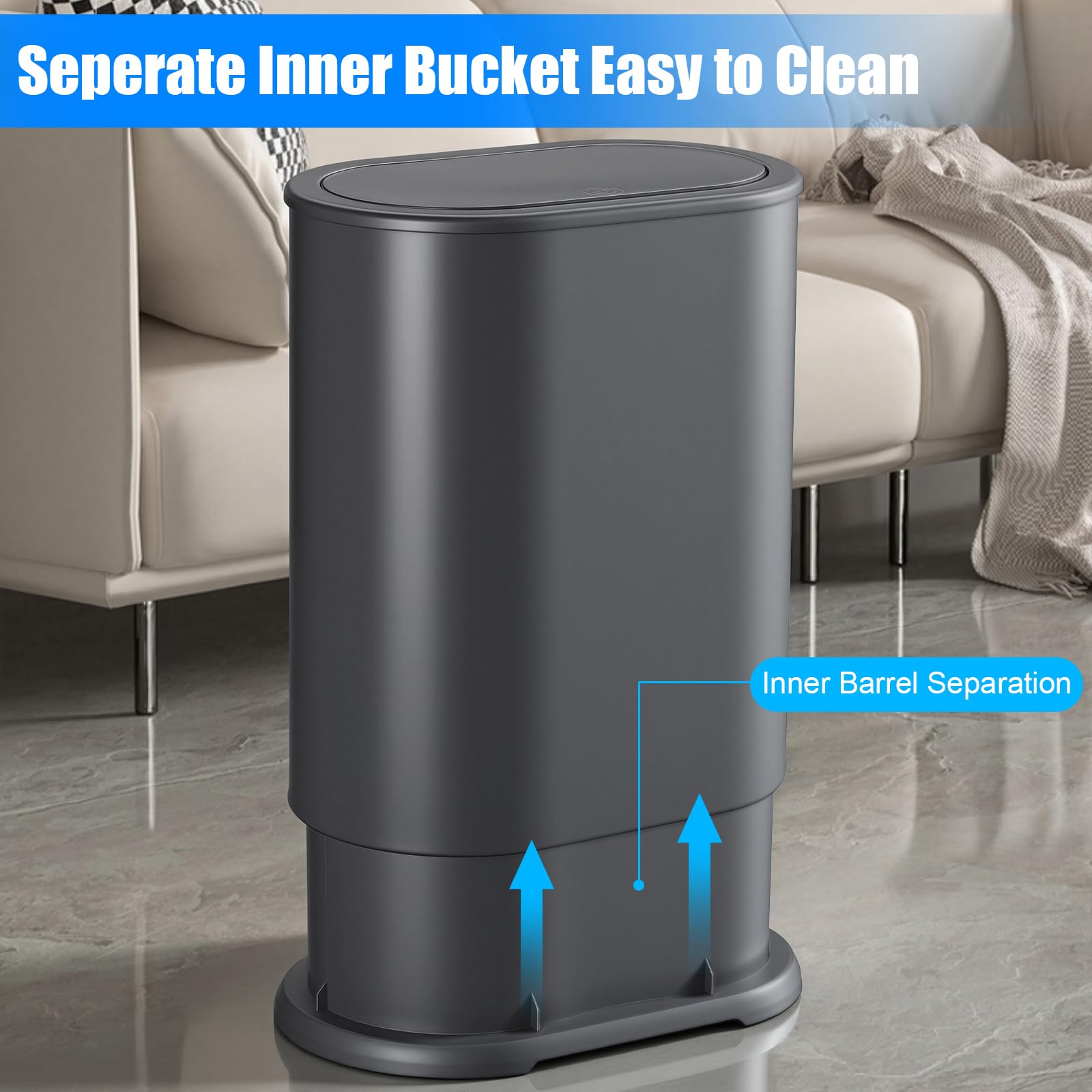 Anzoymx Edelstahl Badezimmer Mülleimer mit Deckel 1,6 Gallonen Kleiner Mülleimer mit Pop-Up-Deckel Hundesicher Schmaler Abfalleimer Set für Schlafzimmer, Wohnzimmer, WC, Büro, Wohnmobil (grau)