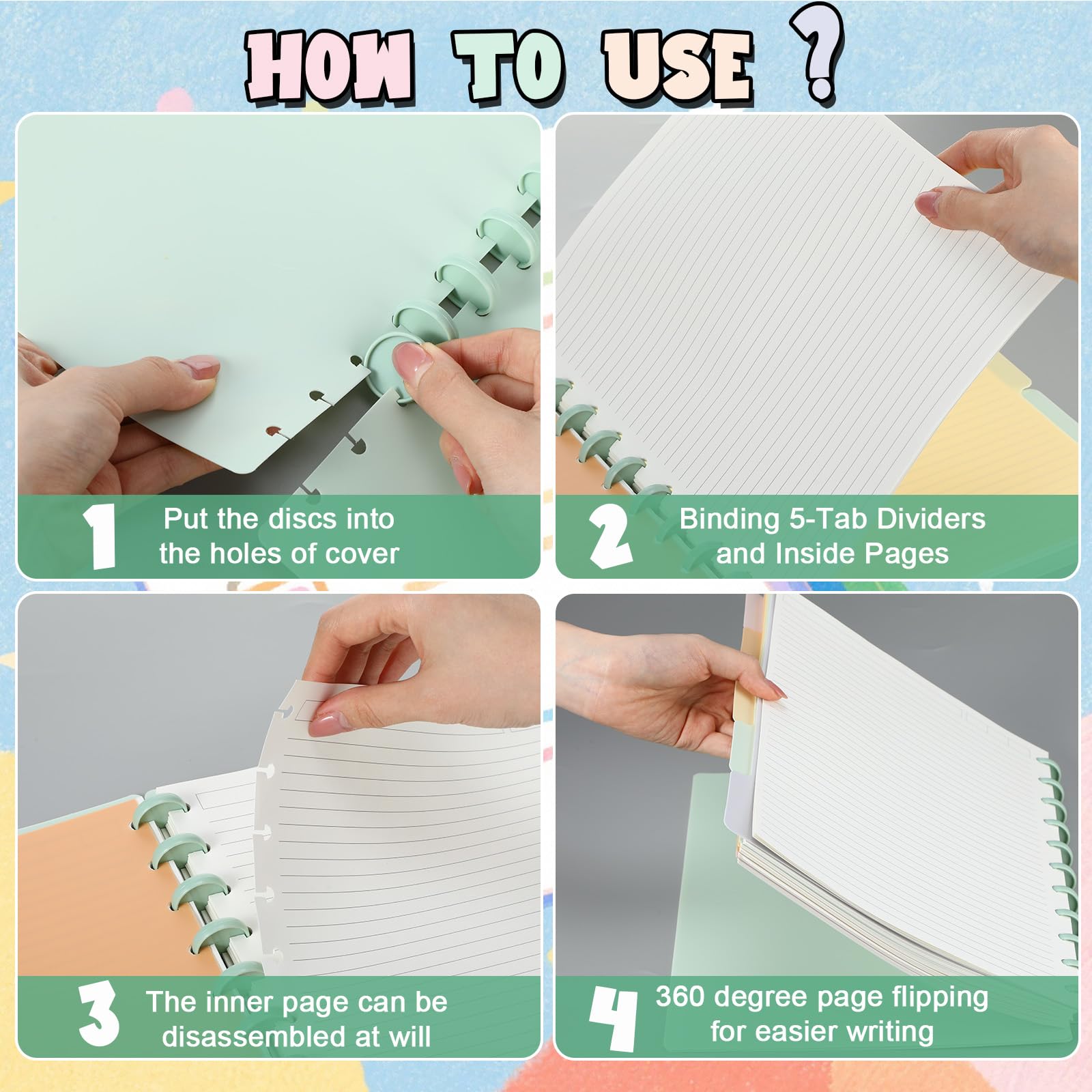 Glenmal Set di 4 quaderni con rilegatura a disco, 21,6 x 27,9 cm, formato lettera, include dischi, 5 divisori per note, pagine rimovibili a righe universitarie, pagine rimovibili ricaricabili per