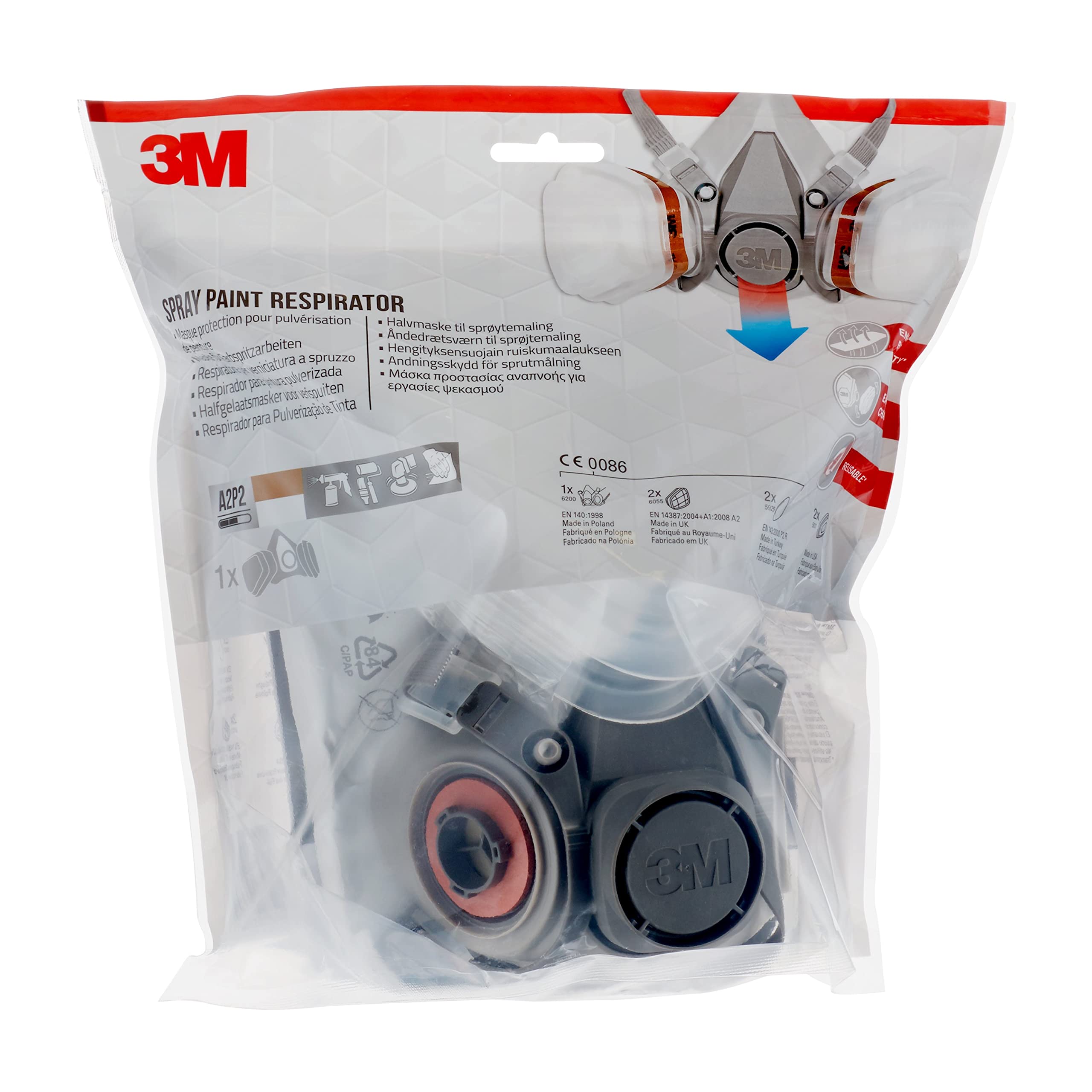 3M Respiratore semimaschera per verniciatura a spruzzo 6002C con filitri rimovibili, protezione di livello A2P2 da gas e vapori organici e polveri sottili-1 set (semimaschera e filtri inclusi)