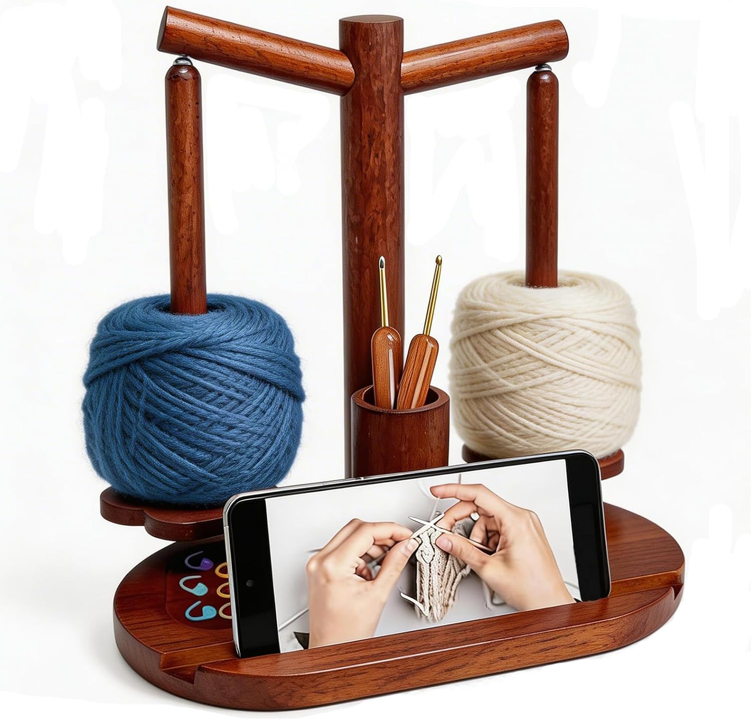 Sawvolker Yarn Holder for Crocheting and Knitting, Wooden Magnetic Rotating Yarn Spinner with 2 Spindles, with Crochet Accessories Holder Ideal Gift for Knitting & Crochet Lovers Wife Grandma Mother